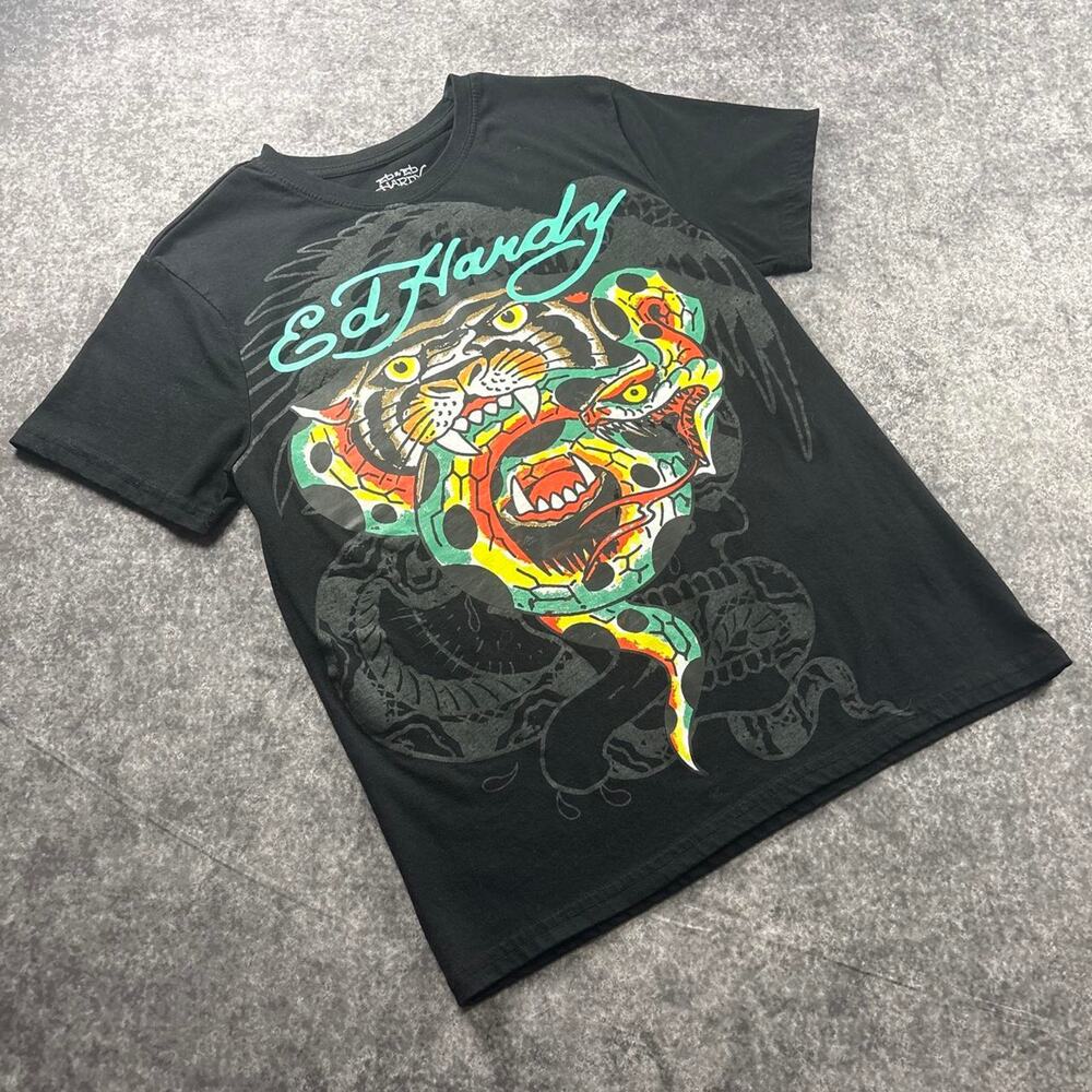 Ed Hardy Tiger Snake Graphic T-Shirt Mens Small Black Y2K Tattoo Streetwear